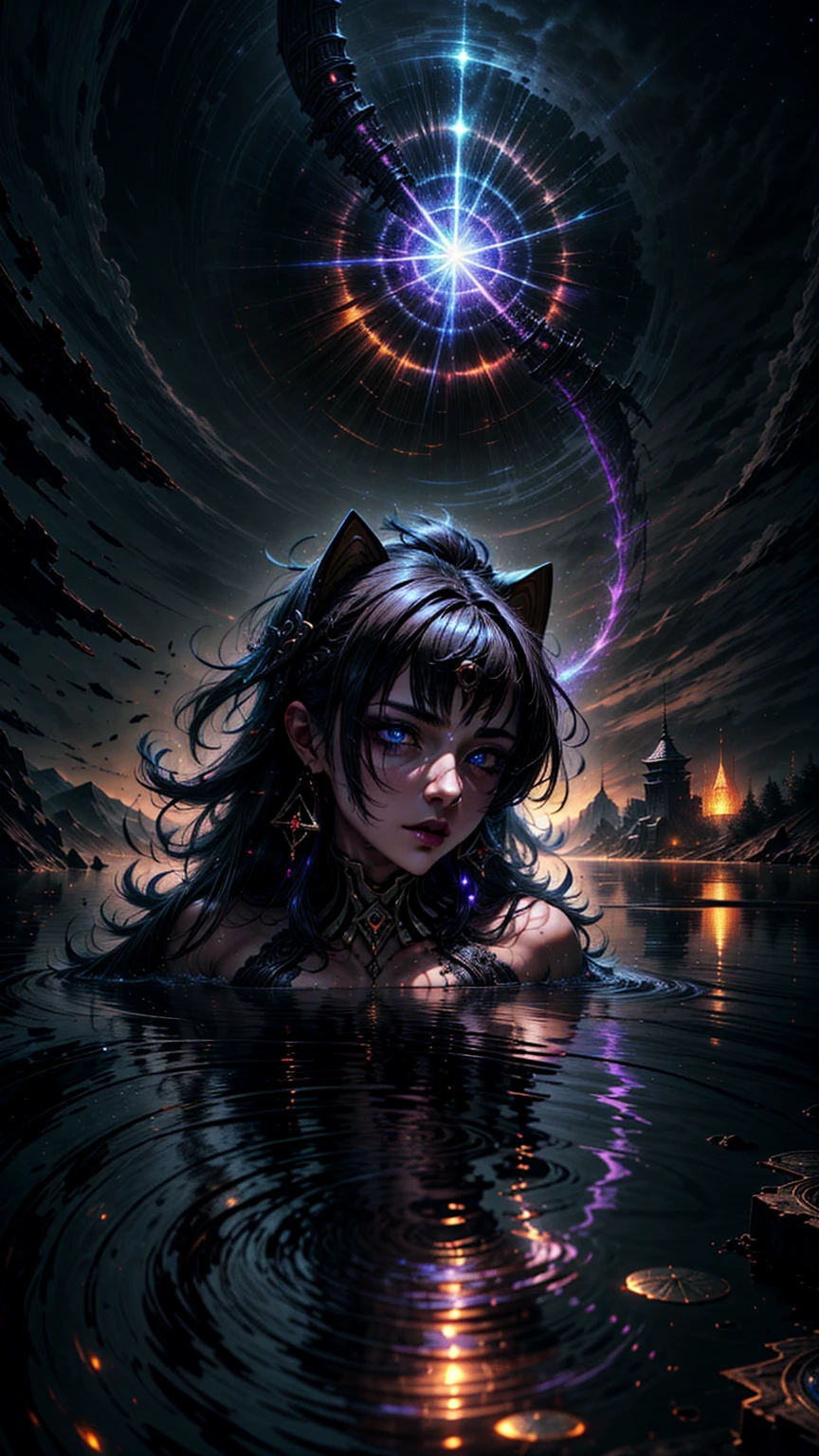 full closeup portrait of complex detailed fractal glow, forming a hyper-detailed ghostly vision of a beautiful succubus in the sky, busty, reflection in water, Ripples on the water, dark mountains on the horizon, Backlight, Starry night sky background, very detailed galaxy, DAZ 3D landscape rendering, unity, unreal engine 5, UHD resolution, sharp focus, 8 thousand., 12 MP outdoor, Extremely detailed, details, masterpiece, ((illustration)), 4k, 8K, high quality, a high resolution, lighting, cinematic, Award Winning, 1 girl, high, देह्या, long hair, cat&#39;s ears ((dark-skinned woman)), Jewelry, Blue eyes, black hair, punching,lush,
देह्या \(Genshin&#39;s influence\),huge weapon, FantasyStyle_Burple, 
Punks