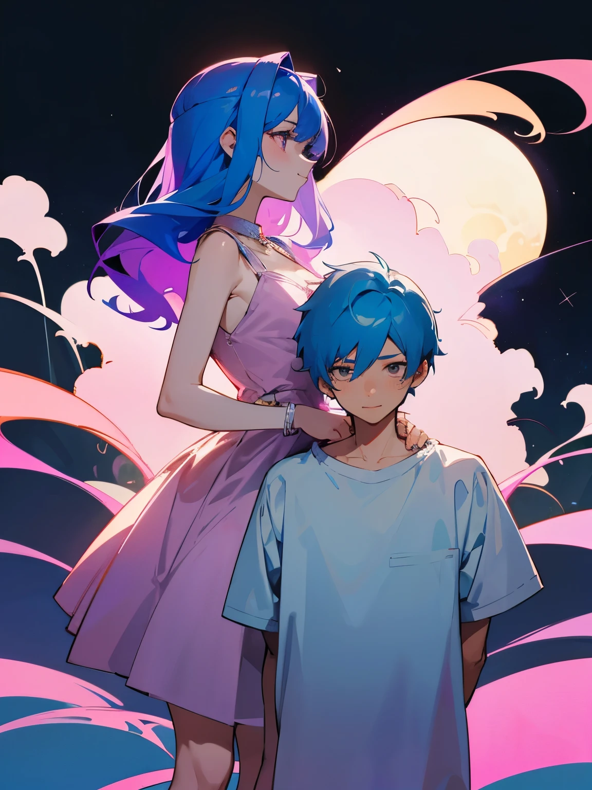 cartoon of a boy and a girl standing close together, ddlc, in the art style of 8 0 s anime, 9 0 s anime style, 90s anime style, in anime style, in an anime style, anime aesthetic, anime vibes, 9 0 s anime aesthetic, 9 0 s anime art style, lofi boy and girl, beautiful background outside, background at night with stars and a moon, fairy lights, beautiful background in a floral garden with fairy lights at night, a cute boy and a cute girl, beautiful faces, a boy and a girl, don't extra hands, NO extra hands, generate a boy and a girl with NO extra hands, NO extra arm, the boy has a short hairstyle and the girl has a long hairstyle, the boy has blue hair, the girl has pink hair, pretty faces, cute pretty boy in a smoking dress, cute pretty girl in a beautiful dress, with amazing smile, boy has a pretty smile, girl has a cute smile