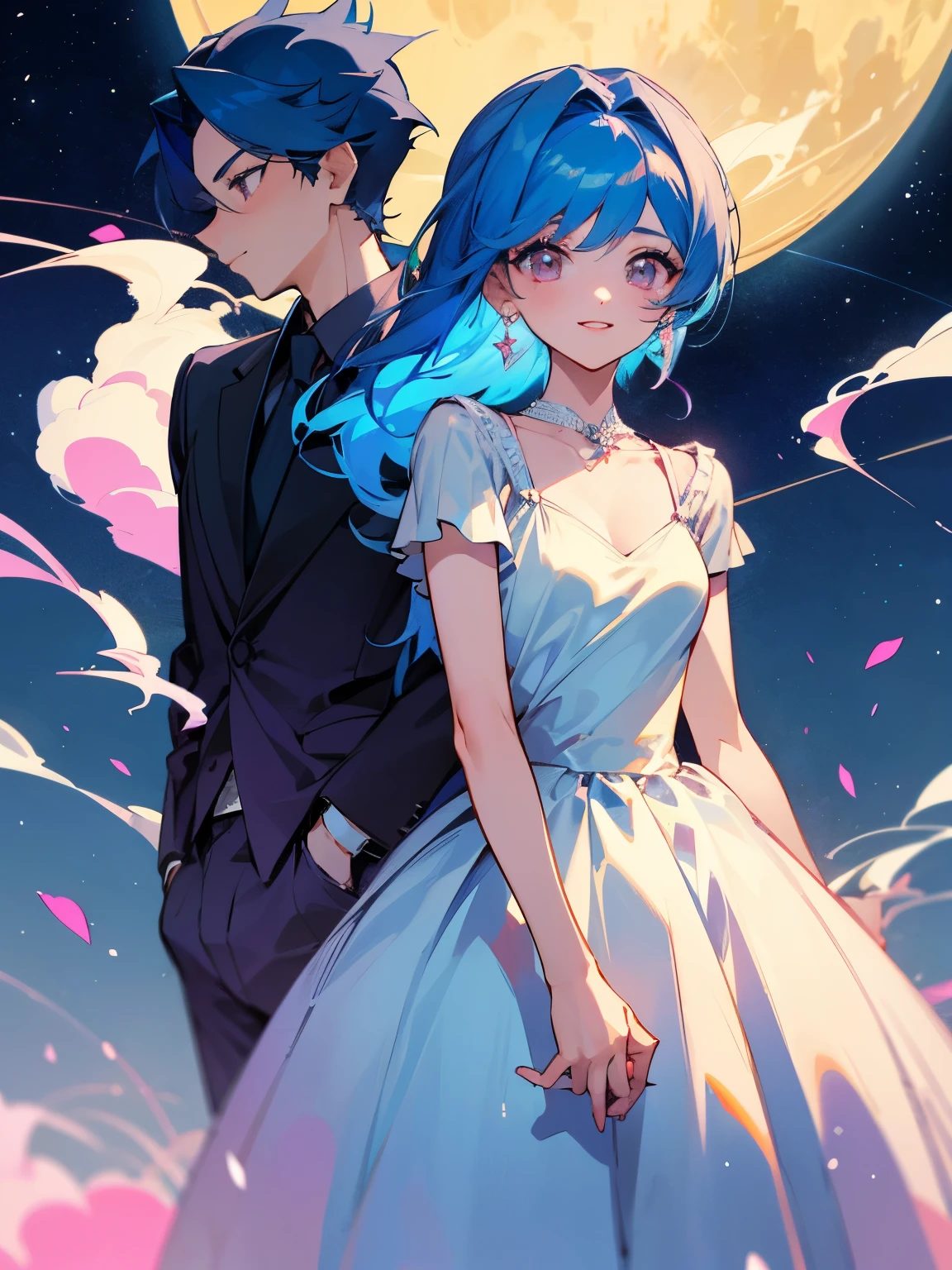 cartoon of a boy and a girl standing close together, ddlc, in the art style of 8 0 s anime, 9 0 s anime style, 90s anime style, in anime style, in an anime style, anime aesthetic, anime vibes, 9 0 s anime aesthetic, 9 0 s anime art style, lofi boy and girl, beautiful background outside, background at night with stars and a moon, fairy lights, beautiful background in a floral garden with fairy lights at night, a cute boy and a cute girl, beautiful faces, a boy and a girl, don't extra hands, NO extra hands, generate a boy and a girl with NO extra hands, NO extra arm, the boy has a short hairstyle and the girl has a long hairstyle, the boy has blue hair, the girl has pink hair, pretty faces, cute pretty boy in a smoking dress, cute pretty girl in a beautiful dress, with amazing smile, boy has a pretty smile, girl has a cute smile 
