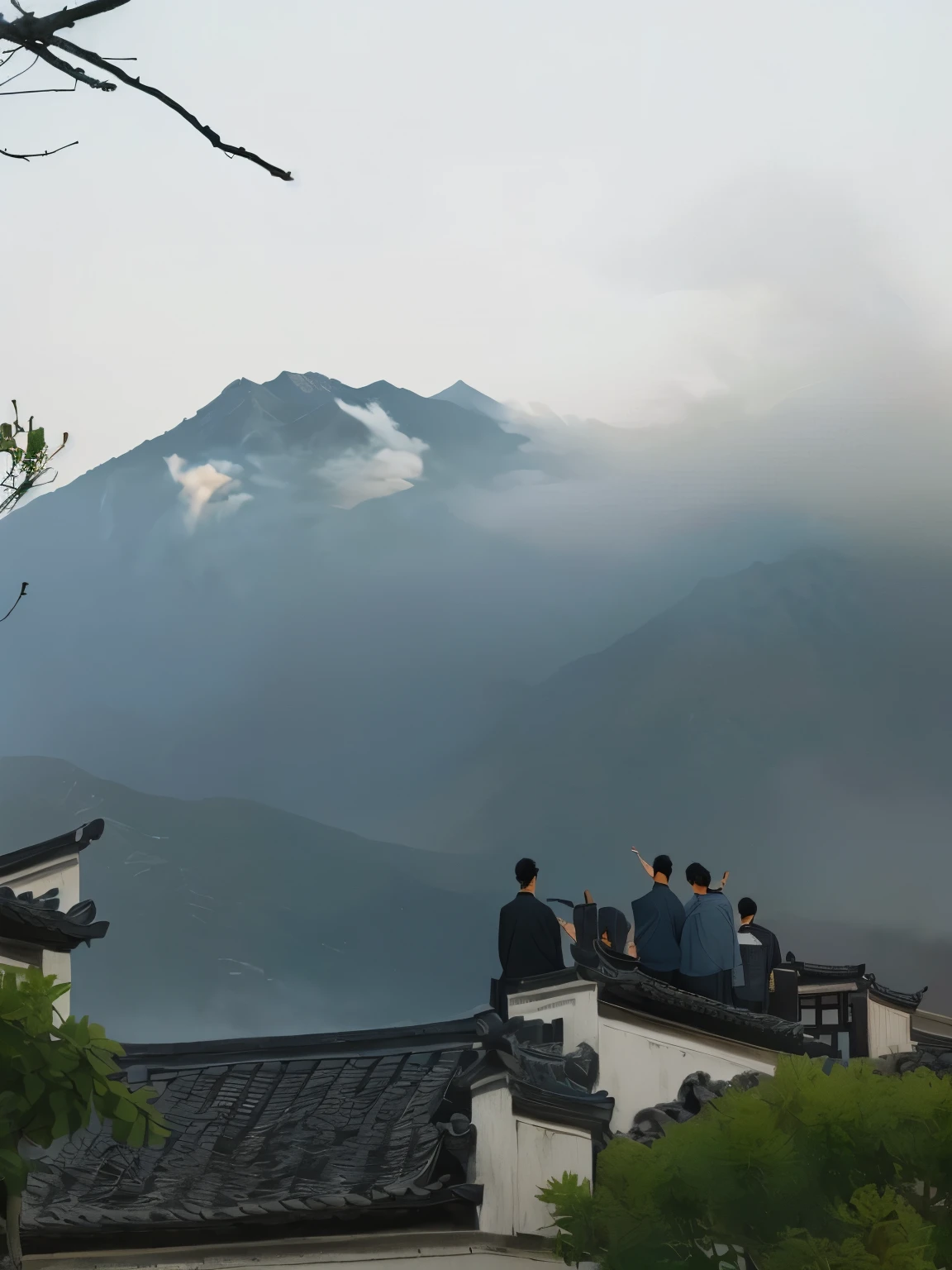 Hui-style architecture，Four boys stood on the rooftop and waved to me，The mountains behind are shrouded in smoke，Ink painting art works