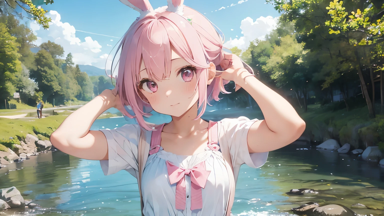 highest quality, pretty girl, pastel colour, Fluffy bunny ears, Pink short bob,Pale pink eyes,Riverside,camp,Babbling brook