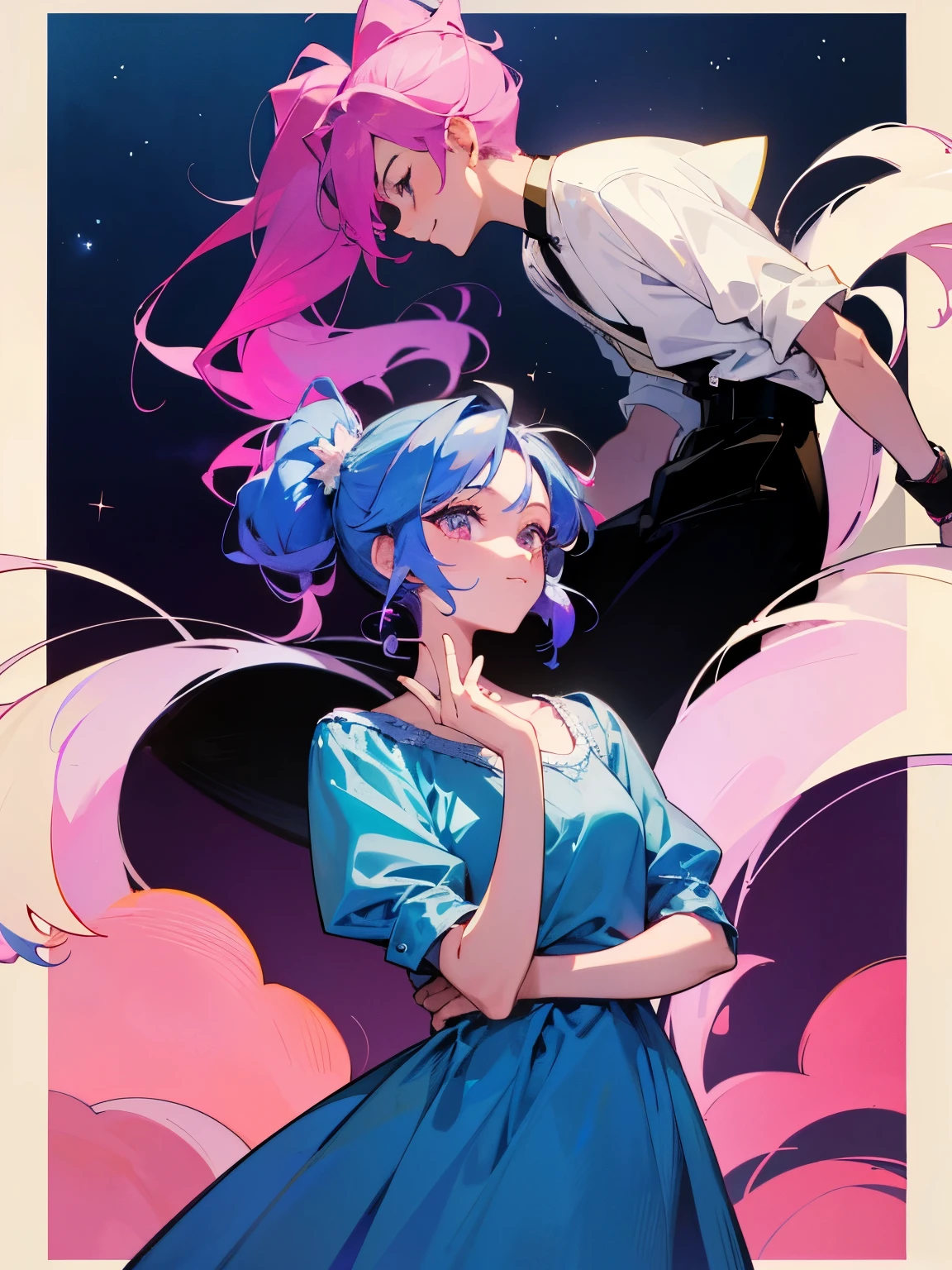 cartoon of a boy and a girl standing close together, ddlc, in the art style of 8 0 s anime, 9 0 s anime style, 90s anime style, in anime style, in an anime style, anime aesthetic, anime vibes, 9 0 s anime aesthetic, 9 0 s anime art style, lofi boy and girl, beautiful background outside, background at night with stars and a moon, fairy lights, beautiful background in a floral garden with fairy lights at night, a cute boy and a cute girl, beautiful faces, a boy and a girl, don't extra hands, NO extra hands, generate a boy and a girl with NO extra hands, NO extra arm, the boy has a short hairstyle and the girl has a long hairstyle, the boy has blue hair, the girl has pink hair, pretty faces, cute pretty boy in a smoking dress, cute pretty girl in a beautiful dress, with amazing smile, boy has a pretty smile, girl has a cute smile