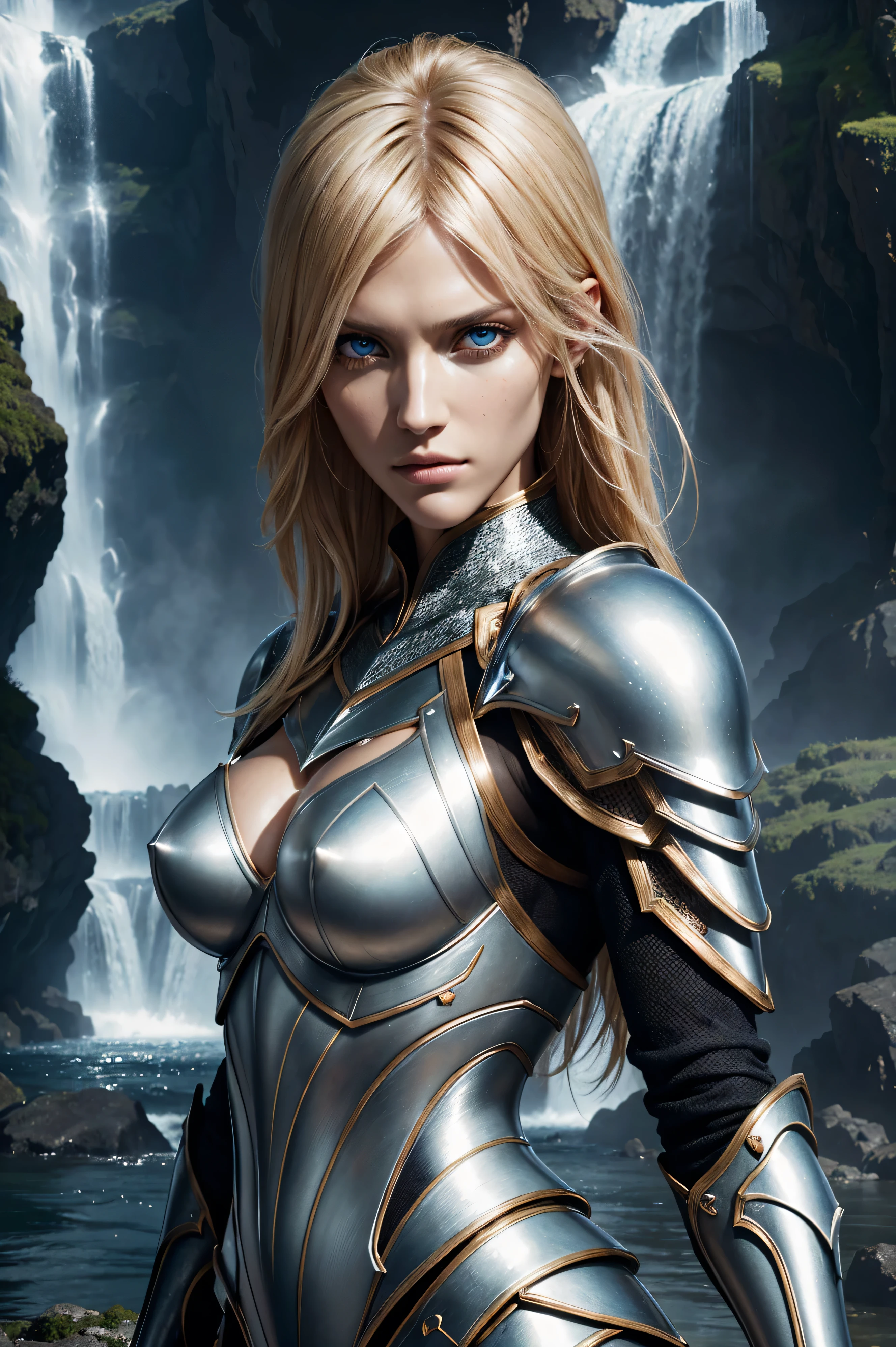 Anja Rubik, wearing naked armor costume transparent. professionally retouched, soft lighting, realistic, smooth face, perfect eyes, sharp focus on eyes, 8 k, high definition, insanely detailed, intricate, elegant. against the background of a waterfall.