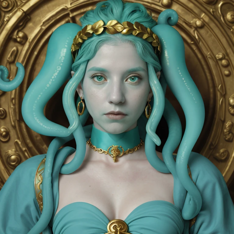 portrait of a pale mythical octopus Medusa, her hair made of aqua-colored octopus tentacles, she does not have strands of hair, but rather octopus tentacles on her head, beautiful aqua eyes, with a laurel wreath, gold choker, on a Roman outfit, look at the viewer
