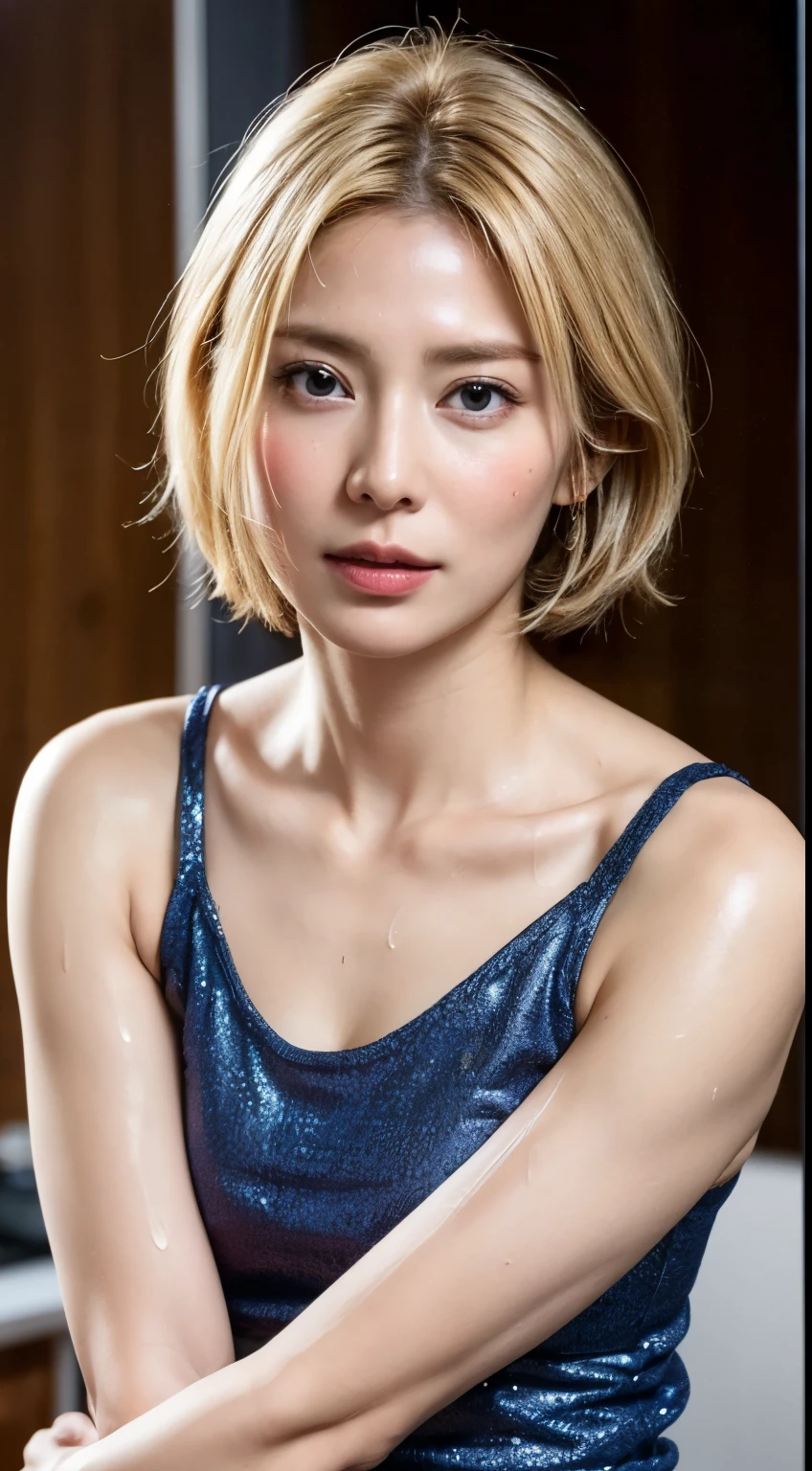 (Ultra HD、Ultra-high resolution、8k、Japanese Housewife、In the kitchen)、Attention in the armpits、((Look Viewer:1.8))、(Extremely realistic skin texture:1.4)、(Realistic:1.3)、short hair、(Embarrassed expression:1.2)、(Blonde:1.4)、40-year-old woman、Ponytail hairstyle、(Lift one arm and show your armpit:1.3)、(Face close-up:1.32)、(Sweat:1.4)、good、