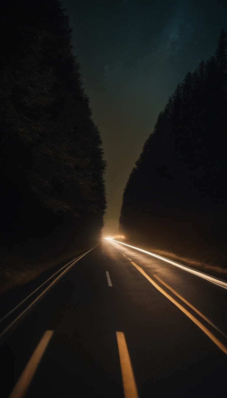 a long road, along lampposts, with dim light. on the road a few cars with headlights moving on the road, in the dark night with stars in the night sky, 8k, high quality, photo