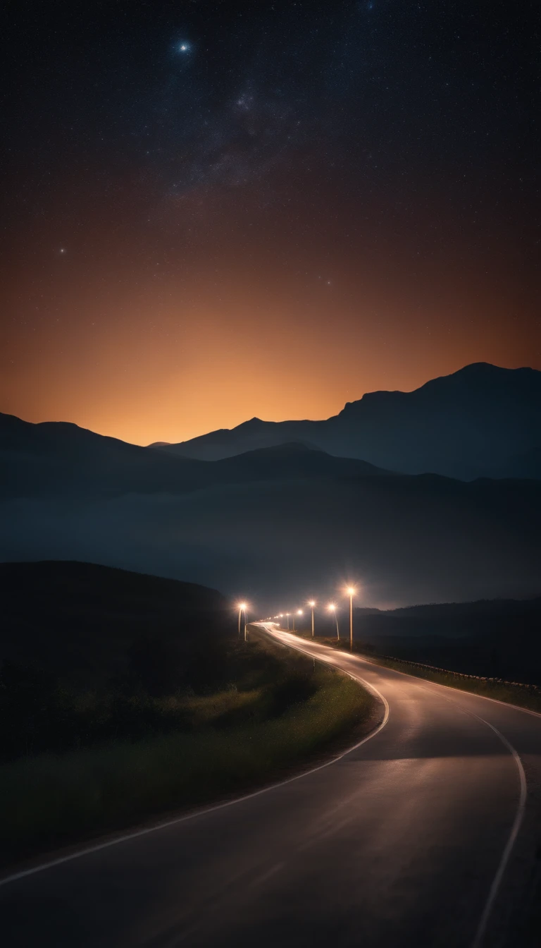 a long road, along lampposts, with dim light. on the road a few cars with headlights moving on the road, in the dark night with stars in the night sky, 8k, high quality, photo