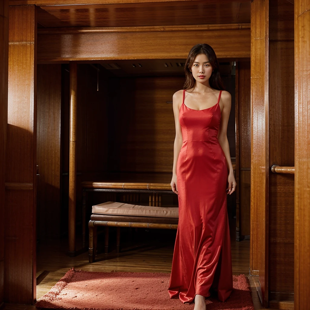Female supermodel. Bamboo room. Pastel red evening dress.