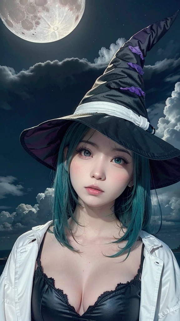 highest quality, Very detailed, masterpiece, Very detailed, cloud, witch_Have, Have, One girl, null, green_null,Day, length_hair, cloudy_null, moon,bird, alone, Silver_hair, witch, Outdoor 
