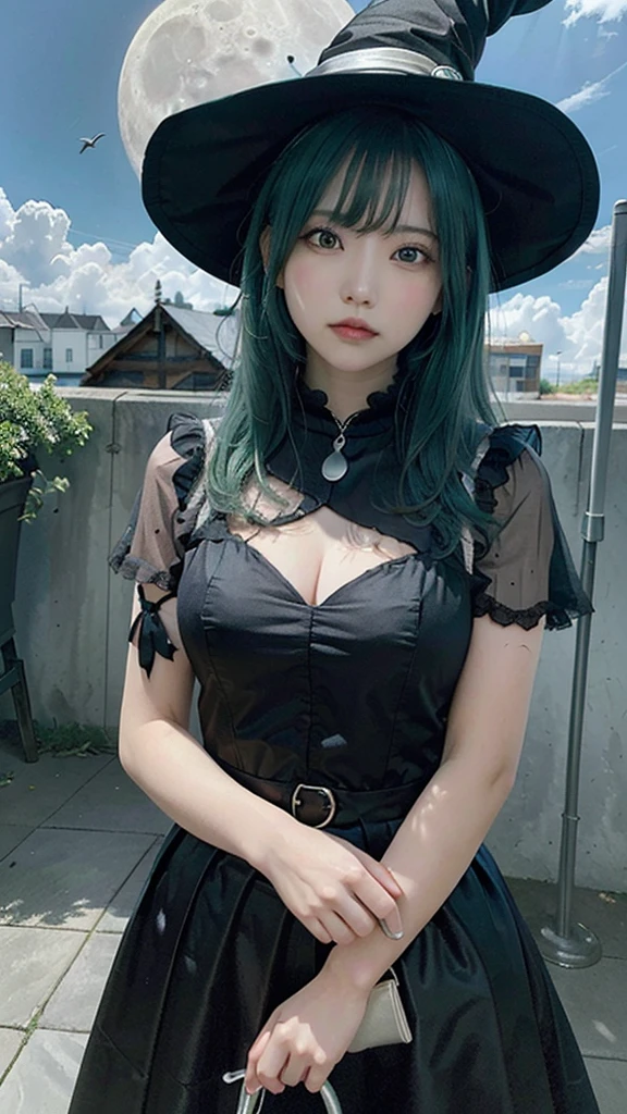 highest quality, Very detailed, masterpiece, Very detailed, cloud, witch_Have, Have, One girl, null, green_null,Day, length_hair, cloudy_null, moon,bird, alone, Silver_hair, witch, Outdoor