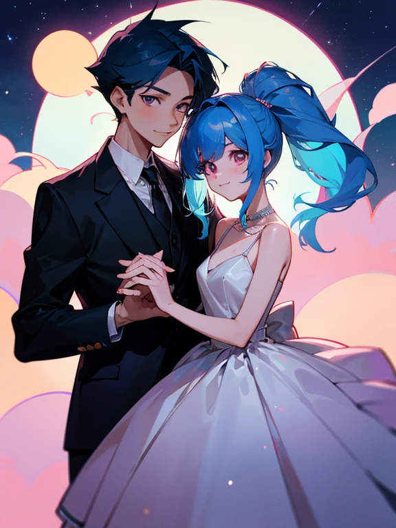cartoon of a boy and a girl standing close together, ddlc, in the art style of 8 0 s anime, 9 0 s anime style, 90s anime style, in anime style, in an anime style, anime aesthetic, anime vibes, 9 0 s anime aesthetic, 9 0 s anime art style, lofi boy and girl, beautiful background outside, background at night with stars and a moon, fairy lights, beautiful background in a floral garden with fairy lights at night, a cute boy and a cute girl, beautiful faces, a boy and a girl, don't extra hands, NO extra hands, generate a boy and a girl with NO extra hands, NO extra arm, the boy has a short hairstyle and the girl has a long hairstyle, the boy has blue hair, the girl has pink hair, pretty faces, cute pretty boy in a smoking dress, cute pretty girl in a beautiful dress, with amazing smile, boy has a pretty smile, girl has a cute smile 
