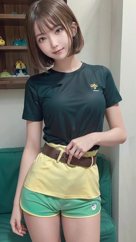 masterpiece, highest quality, High resolution, Calm 1, 1 girl, Calm 1, 1 girl, Calm (Pokemon), alone, Brown Hair, green Shorts,  shirt, tied shirt,short hair, Short sleeve, Shorts, stripe, yellow shirt, belt,  smile, Are standing,