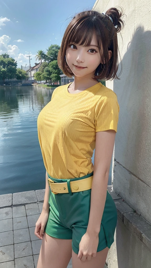 masterpiece, highest quality, High resolution, Calm 1, 1 girl, Calm 1, 1 girl, Calm (Pokemon), alone, Brown Hair, green Shorts, shirt, tied shirt,short hair, Short sleeve, Shorts, stripe, yellow shirt, belt, smile, Are standing,