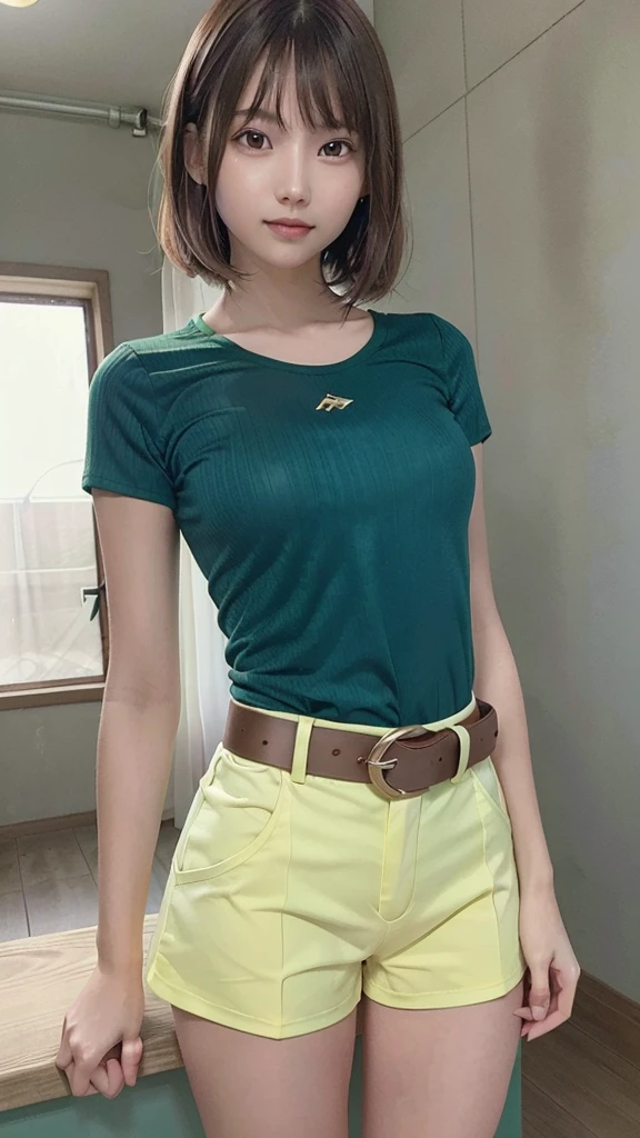 masterpiece, highest quality, High resolution, Calm 1, 1 girl, Calm 1, 1 girl, Calm (Pokemon), alone, Brown Hair, green Shorts, shirt, tied shirt,short hair, Short sleeve, Shorts, stripe, yellow shirt, belt, smile, Are standing,