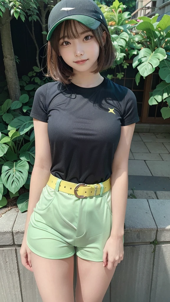 masterpiece, highest quality, High resolution, Calm 1, 1 girl, Calm 1, 1 girl, Calm (Pokemon), alone, Brown Hair, green Shorts,  shirt, tied shirt,short hair, Short sleeve, Shorts, stripe, yellow shirt, belt,  smile, Are standing,