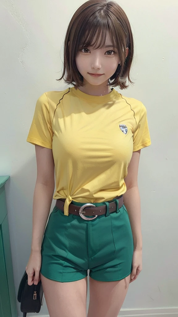 masterpiece, highest quality, High resolution, Calm 1, 1 girl, Calm 1, 1 girl, Calm (Pokemon), alone, Brown Hair, green Shorts, shirt, tied shirt,short hair, Short sleeve, Shorts, stripe, yellow shirt, belt, smile, Are standing,