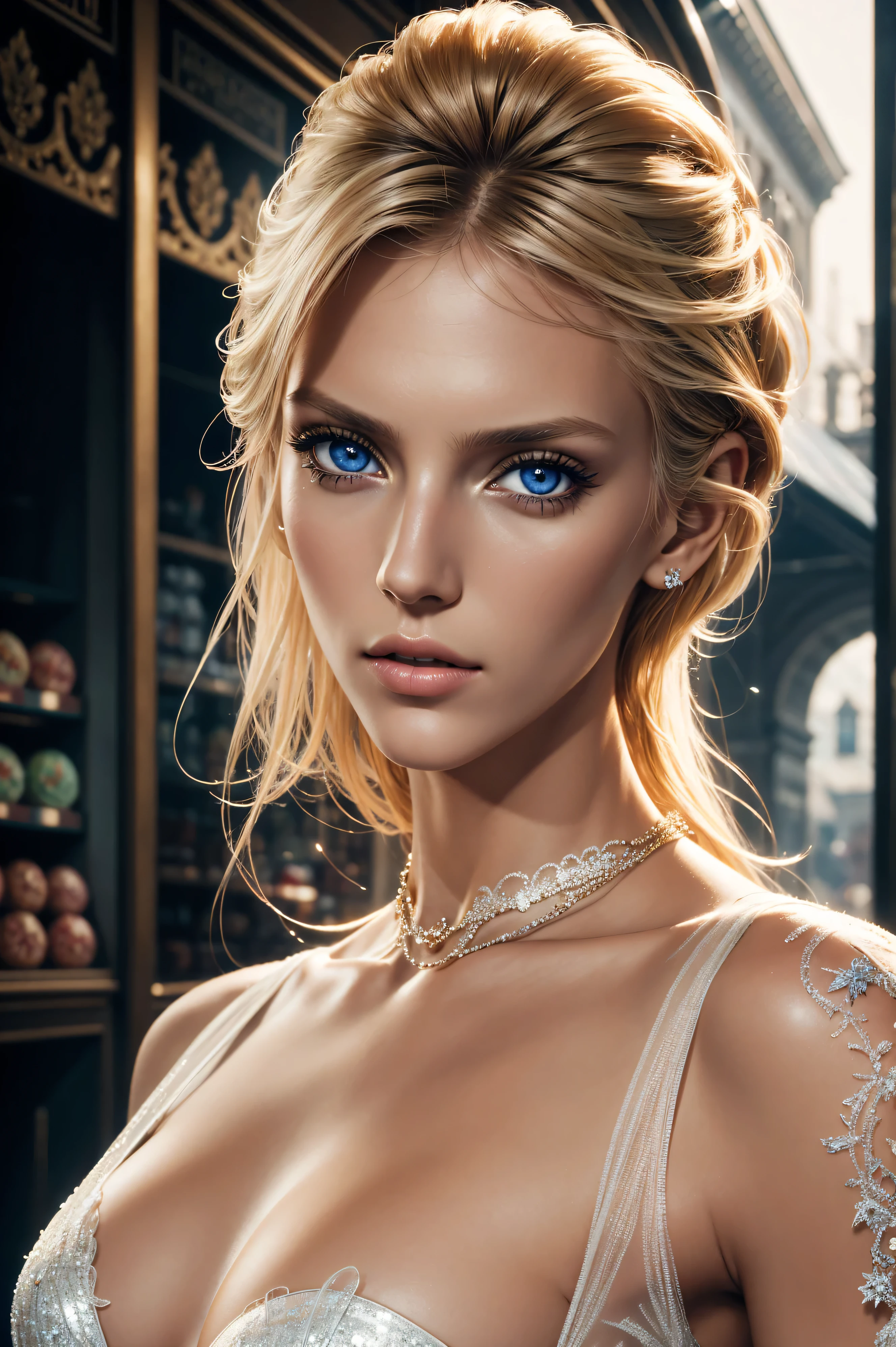 Anja Rubik, wearing Cinderella costume transparent. professionally retouched, soft lighting, realistic, smooth face, perfect eyes, sharp focus on eyes, 8 k, high definition, insanely detailed, intricate, elegant. against the background of a confectionery shop.