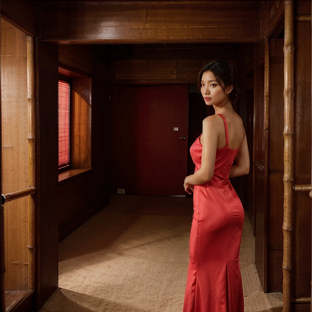 Female supermodel. Bamboo room. Pastel red evening dress.
