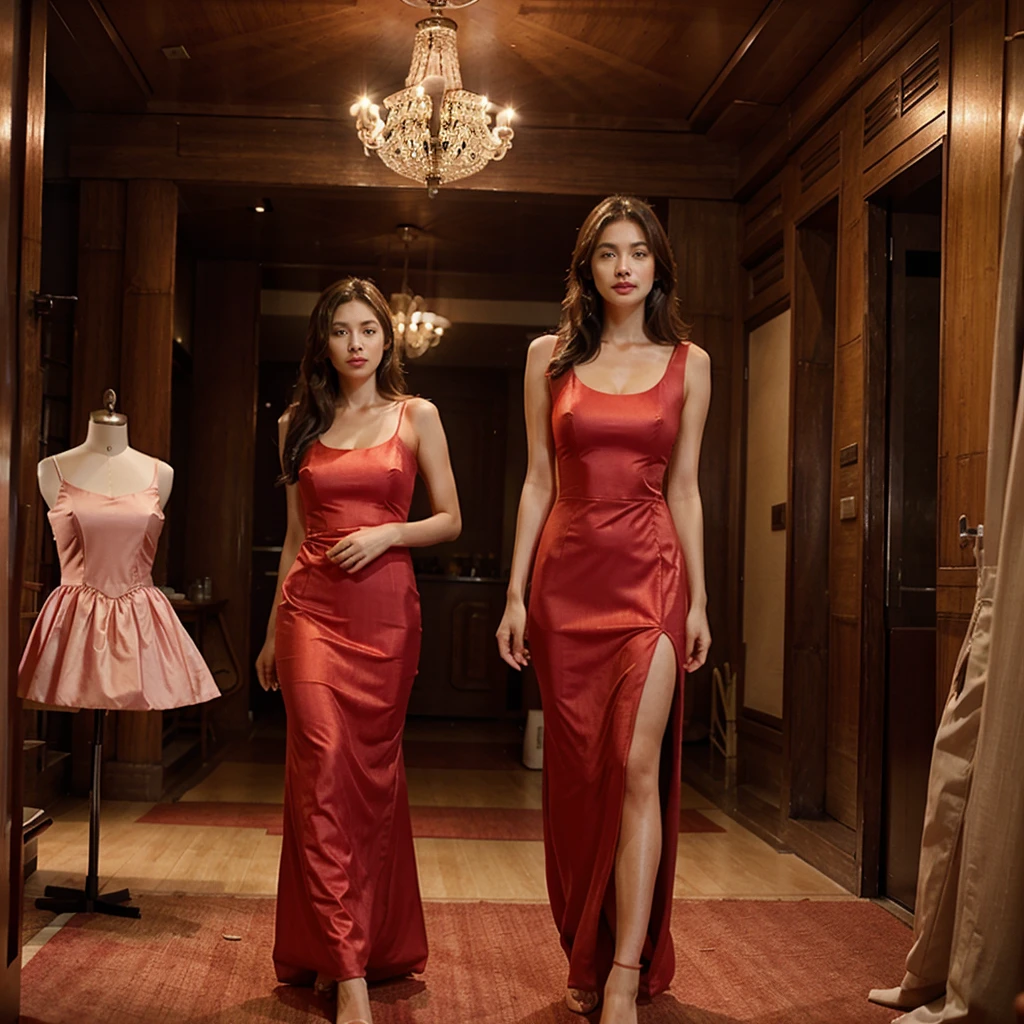 Female supermodel. Bamboo room. Pastel red evening dress.