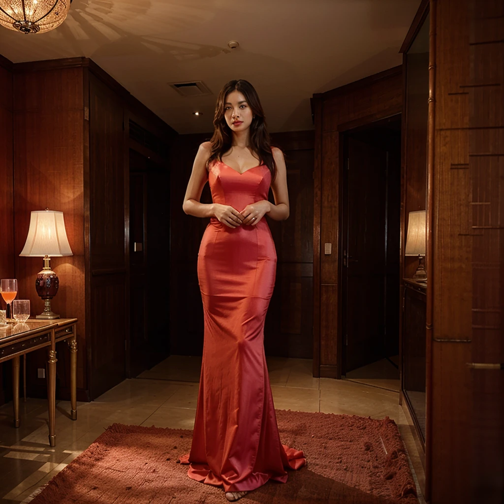 Female supermodel. Bamboo room. Pastel red evening dress.