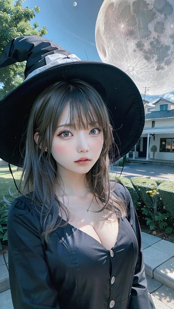 highest quality, Very detailed, masterpiece, Very detailed, cloud, witch_Have, Have, One girl, null, green_null,Day, length_hair, cloudy_null, moon,bird, alone, Silver_hair, witch, Outdoor 