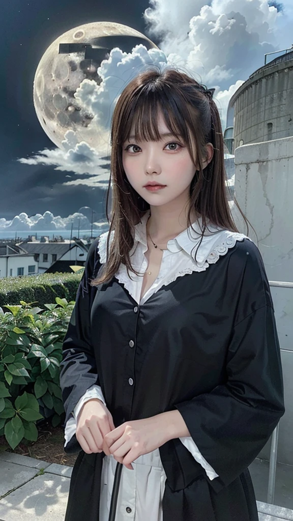 highest quality, Very detailed, masterpiece, Very detailed, cloud, witch_Have, Have, One girl, null, green_null,Day, length_hair, cloudy_null, moon,bird, alone, Silver_hair, witch, Outdoor