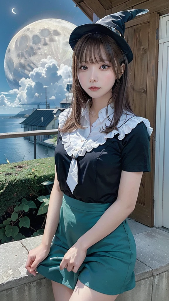 highest quality, Very detailed, masterpiece, Very detailed, cloud, witch_Have, Have, One girl, null, green_null,Day, length_hair, cloudy_null, moon,bird, alone, Silver_hair, witch, Outdoor