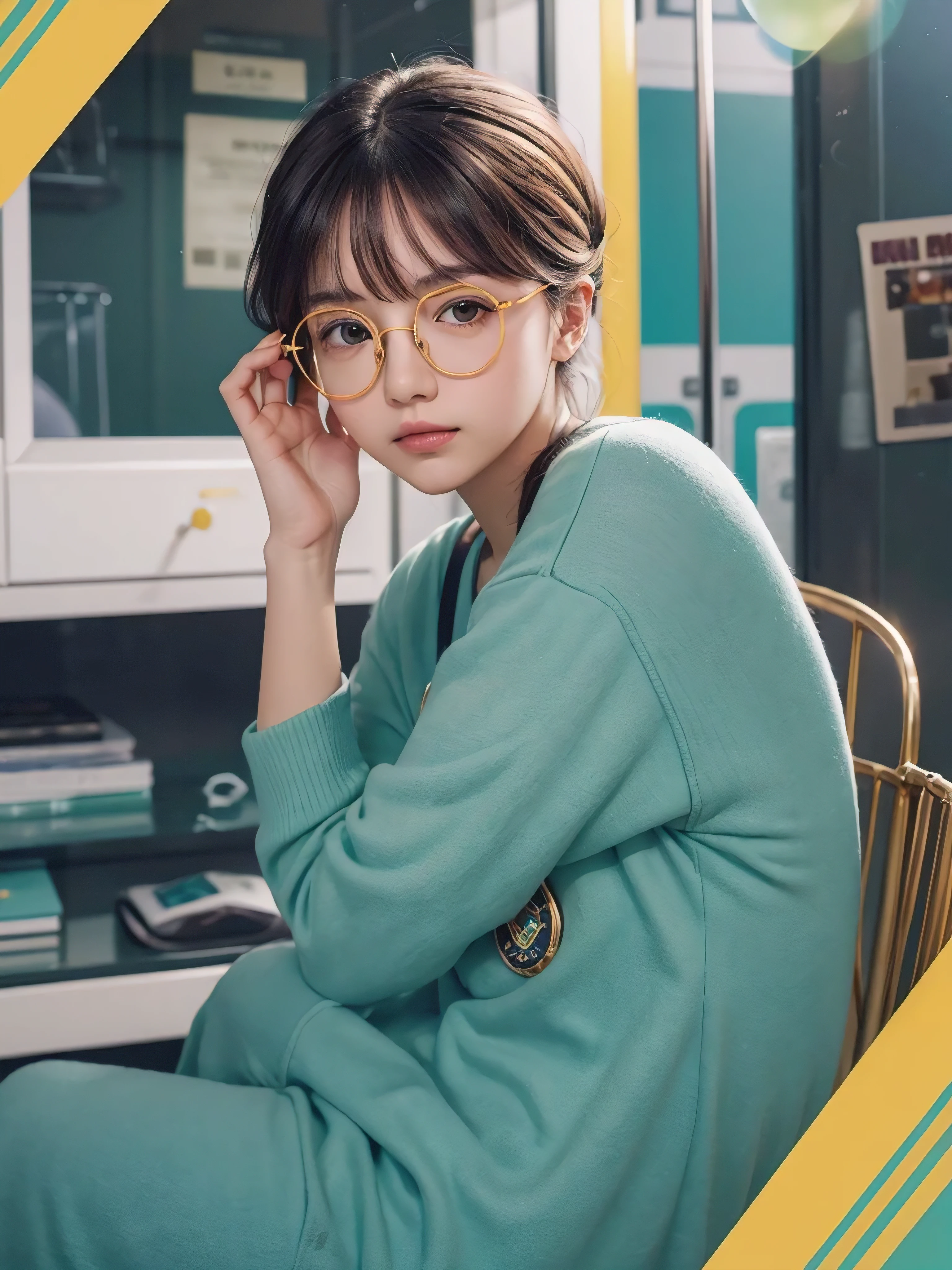 (Masterpiece, highest quality, super large resolution); (CG illustration); (a cute and cute girl); (sleepiness) (exhaustion); ((round-framed gold wire glasses)), (fashionable) (trendy); Rich colors, cyan, orange, yellow, green, cyan, blue, purple, fashion typography, magazine cover poster, hyper-detail, art, title, logo, label, badge, graphic design, detail post-processing, depth of field, high brightness, high saturation, more white space;