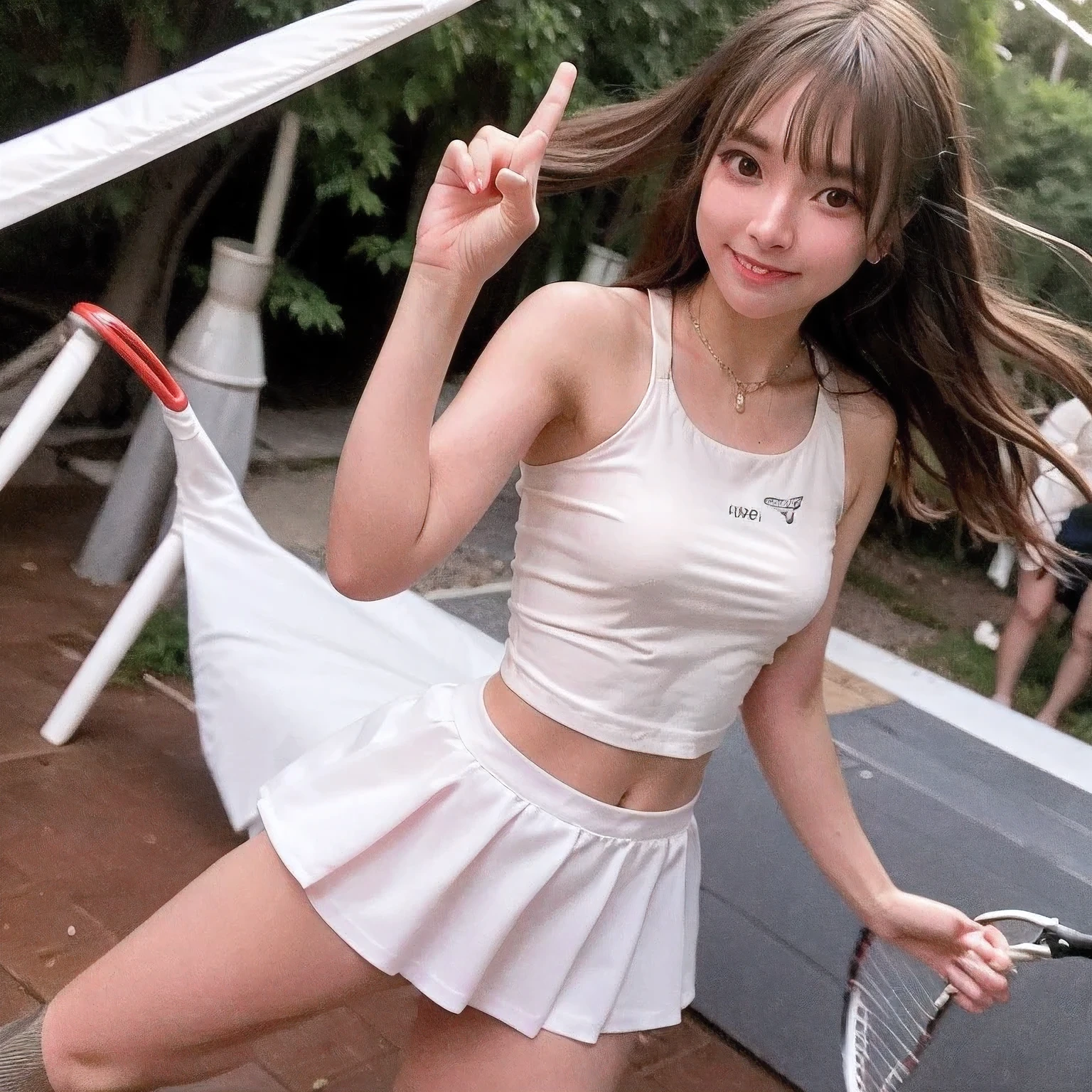 daytime, sunlight, 1 girl, 8K resolution, longhair, glowing eyes, white short skirt, Blush, sleeveless shirt, sunlight, Wet from the rain, seethrough, (((tennis dress))), pussy, (((wind blow skirt up))), smile, highest quality, High resolution, highly detailed face, perfect lighting, highest detailed CG, (perfect hands, perfect anatomy), liyuu, perfect figure, in love expression, bottomless, armpit, medium breast, glitering skin, lightray, glitter skin, bright skin, full body,