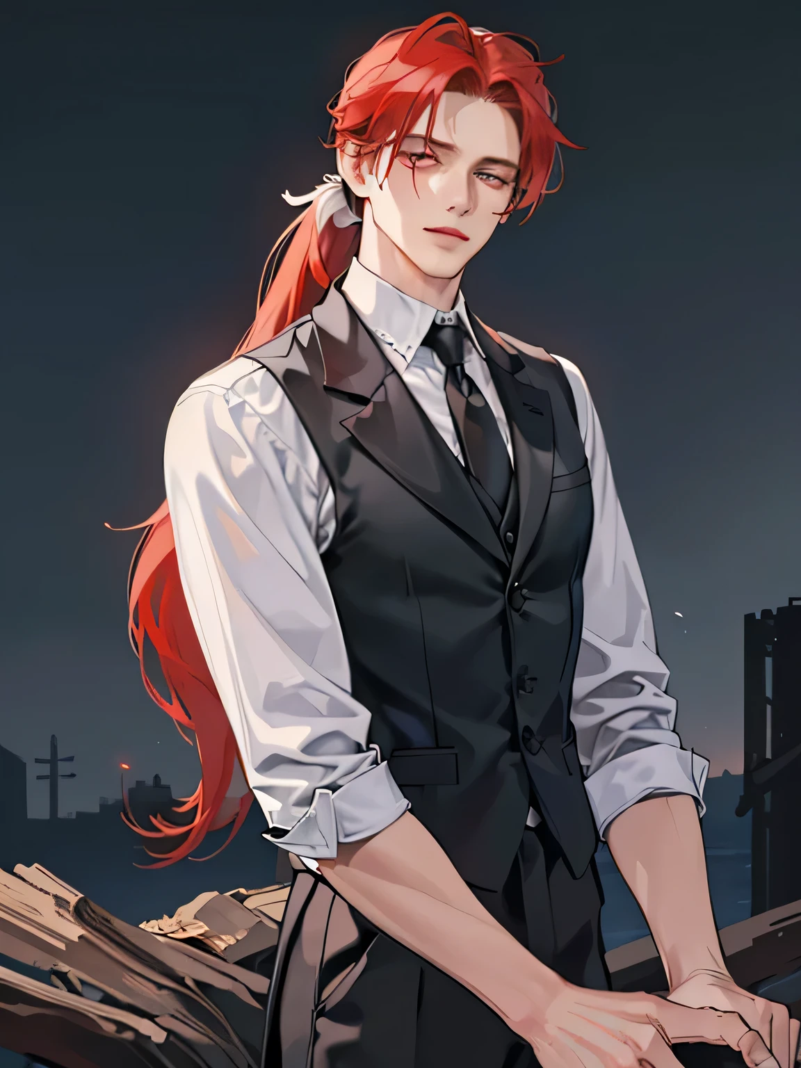 (best quality,HD:1.2), ultra-detailed, realistic:1.37, male above 40, tall, big, mature, long high pony tail red hair with white highlights, long sharp face, sharp eyes, dark black vest, low exposure, solo, natural expression, different unique posture, hide hand
