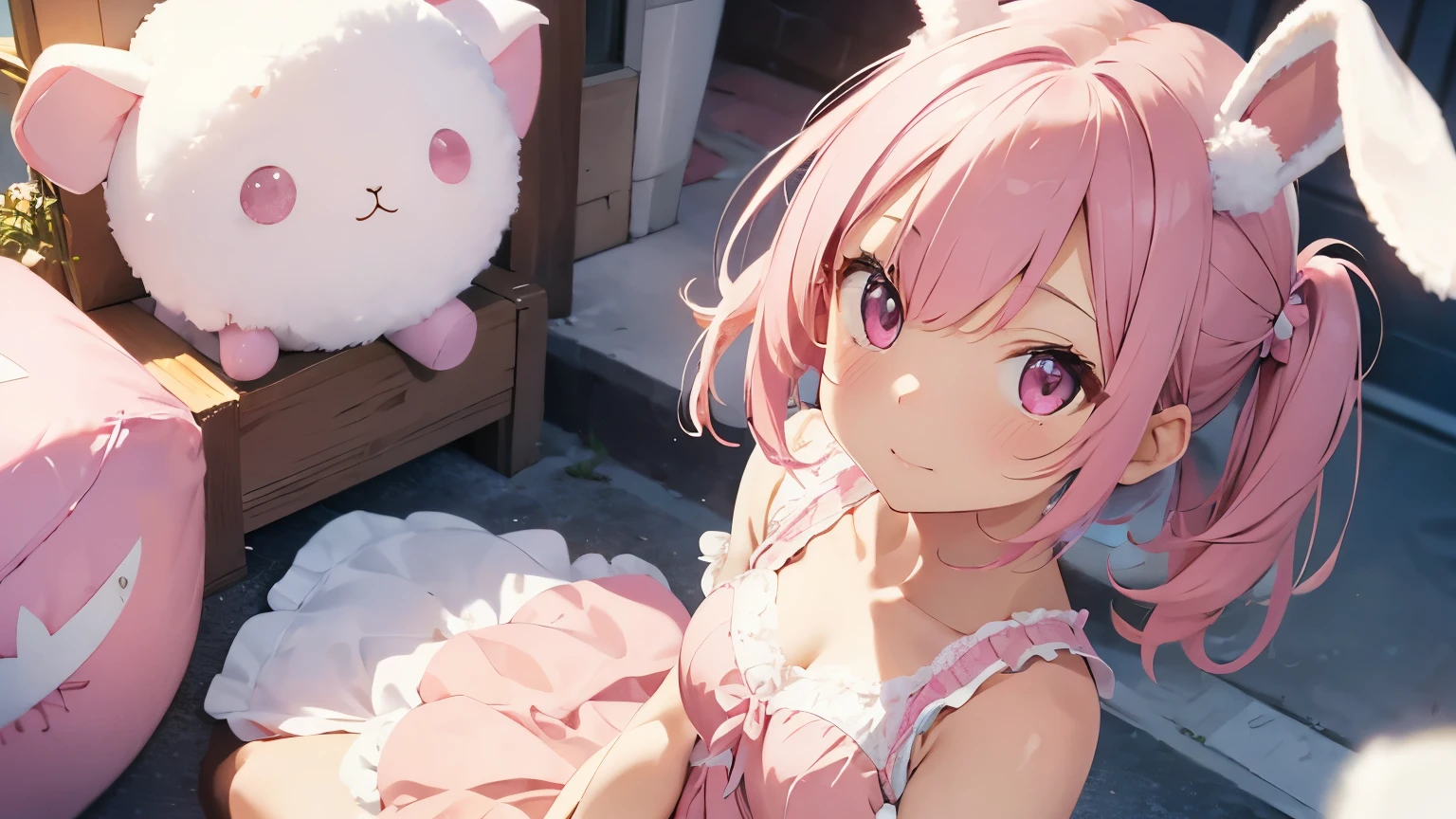 highest quality, pretty girl, pastel colour, Fluffy bunny ears, Pink short bob,Pale pink eyes,Pink dress