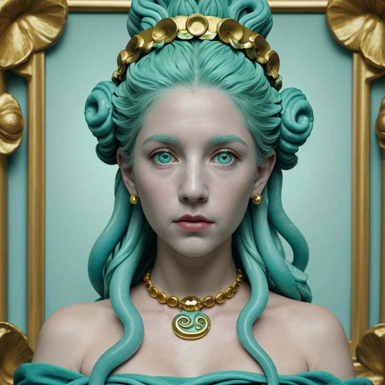 portrait of a pale mythical octopus Medusa, her have aqua-colored octopus tentacles in head, she does not have strands of hair, but rather octopus tentacles on her head, beautiful aqua eyes, with a laurel wreath, gold choker, on a Roman outfit, look at the viewer