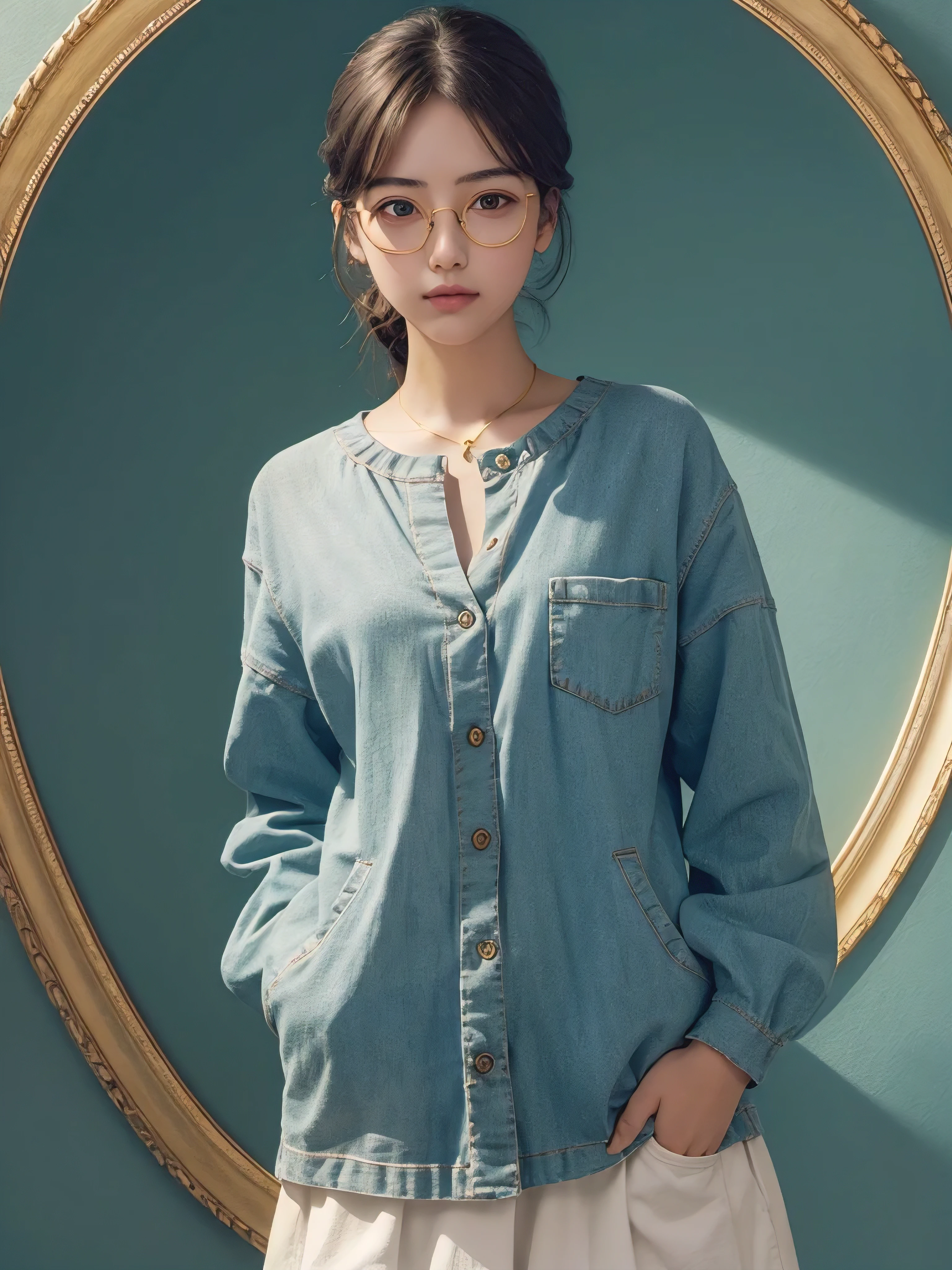 (Masterpiece, highest quality, super large resolution); (CG illustration); (a cute and cute girl); (sleepiness) (exhaustion); ((round-framed gold wire glasses)), (fashionable) (trendy); Rich colors, cyan, orange, yellow, green, cyan, blue, purple, fashion typography, magazine cover poster, hyper-detail, art, title, logo, label, badge, graphic design, detail post-processing, depth of field, high brightness, high saturation, more white space;