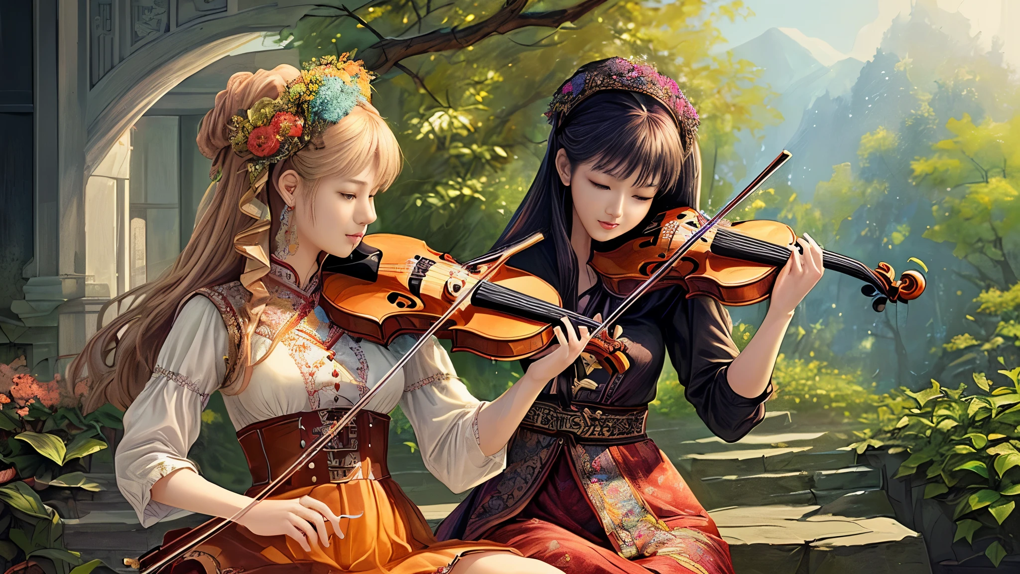 highest quality、Masterpiece、Music Studio、Detailed woman playing guitar、Detailed woman playing the violin、Detailed woman playing the flute、Detailed woman playing drums、8K、Detailed Description、Perfect Face、Perfect figure、Everyone is in the picture