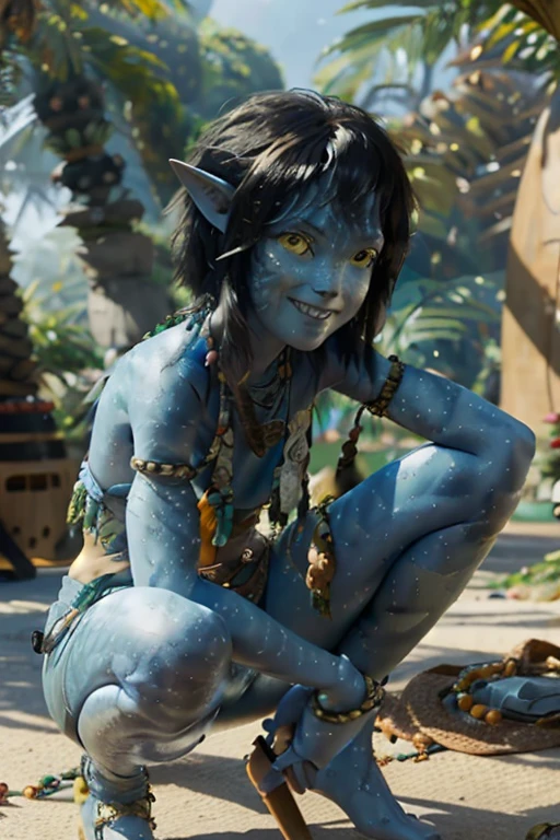 AvKiri, colored skin, blue skin, yellow eyes, short black hair, bandeau, necklace, beads, looking at viewer,smiling, close up, flat torso, outside, forest, sunbeam, high quality, masterpiece, front view, navi tail, squatting,
