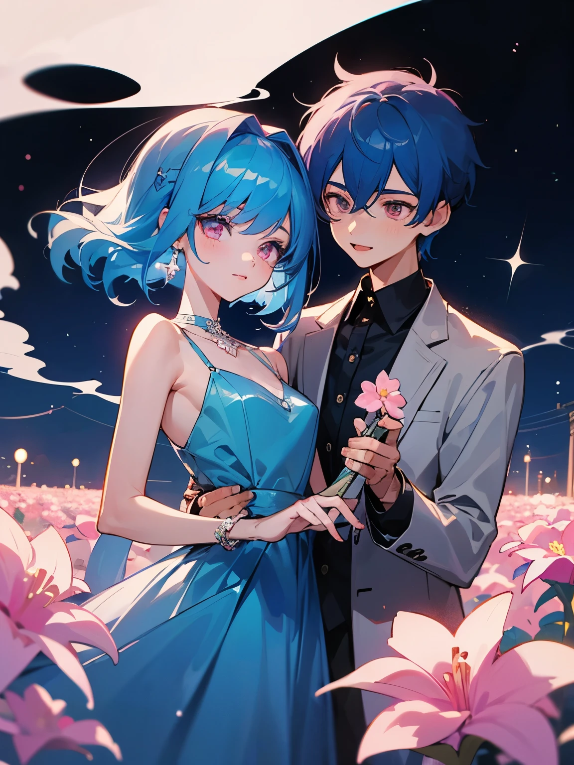 cartoon of a boy and a girl standing close together, ddlc, in the art style of 8 0 s anime, 9 0 s anime style, 90s anime style, in anime style, in an anime style, anime aesthetic, anime vibes, 9 0 s anime aesthetic, 9 0 s anime art style, lofi boy and girl, beautiful background outside, background at night with stars and a moon, fairy lights, beautiful background in a floral garden with fairy lights at night, a cute boy and a cute girl, beautiful faces, a boy and a girl, don't extra hands, NO extra hands, generate a boy and a girl with NO extra hands, NO extra arm, the boy has a short hairstyle and the girl has a long hairstyle, the boy has blue hair, the girl has pink hair, pretty faces, cute pretty boy in a smoking dress, cute pretty girl in a beautiful dress, with amazing smile, boy has a pretty smile, girl has a cute smile