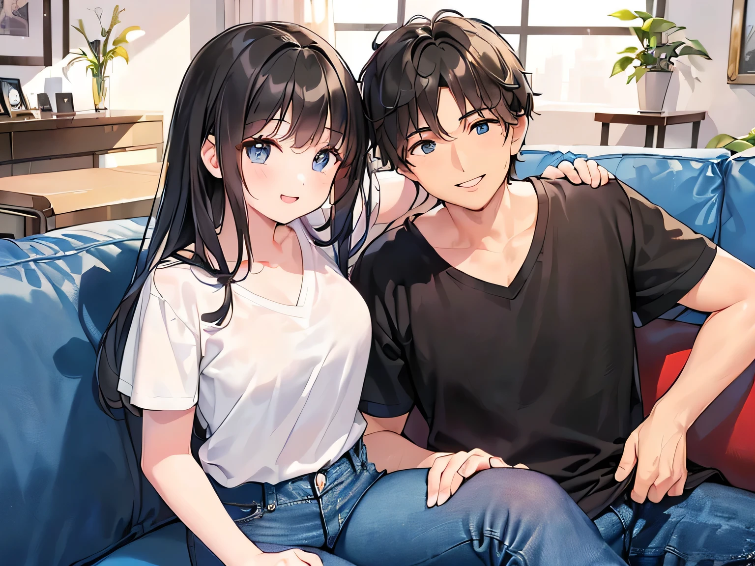 (masterpiece、highest quality、High resolution、Realistic photo、Real looking skin:1.1)、
(A happy couple is sitting on the sofa in the living room of an apartment:1.5)、
(A happy, smiling face:1.5)、
(The woman is 18 years old、She is wearing a V-neck short-sleeved knit, a mini skirt and black knee-high socks.、It's short black hair:1.7)、
(The man is 34 years old, so he looks a little old.、He is wearing a shirt and denim pants:1.7)、
(The location was the sofa in the living room of an apartment.:1.5)、
Full Body Esbian、Beautiful Eyes、Shining Eyes、Shining thighs、NSFW