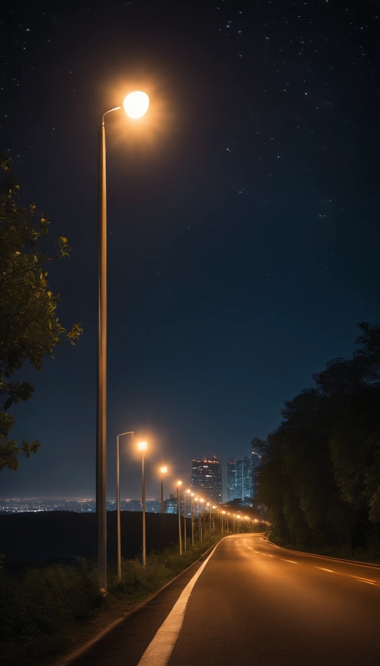 a long road, along lampposts, with dim light. on the road a few cars with headlights are moving on the road, in the dark night with stars in the night sky, next to tall buildings with 8k lights, high quality, photo