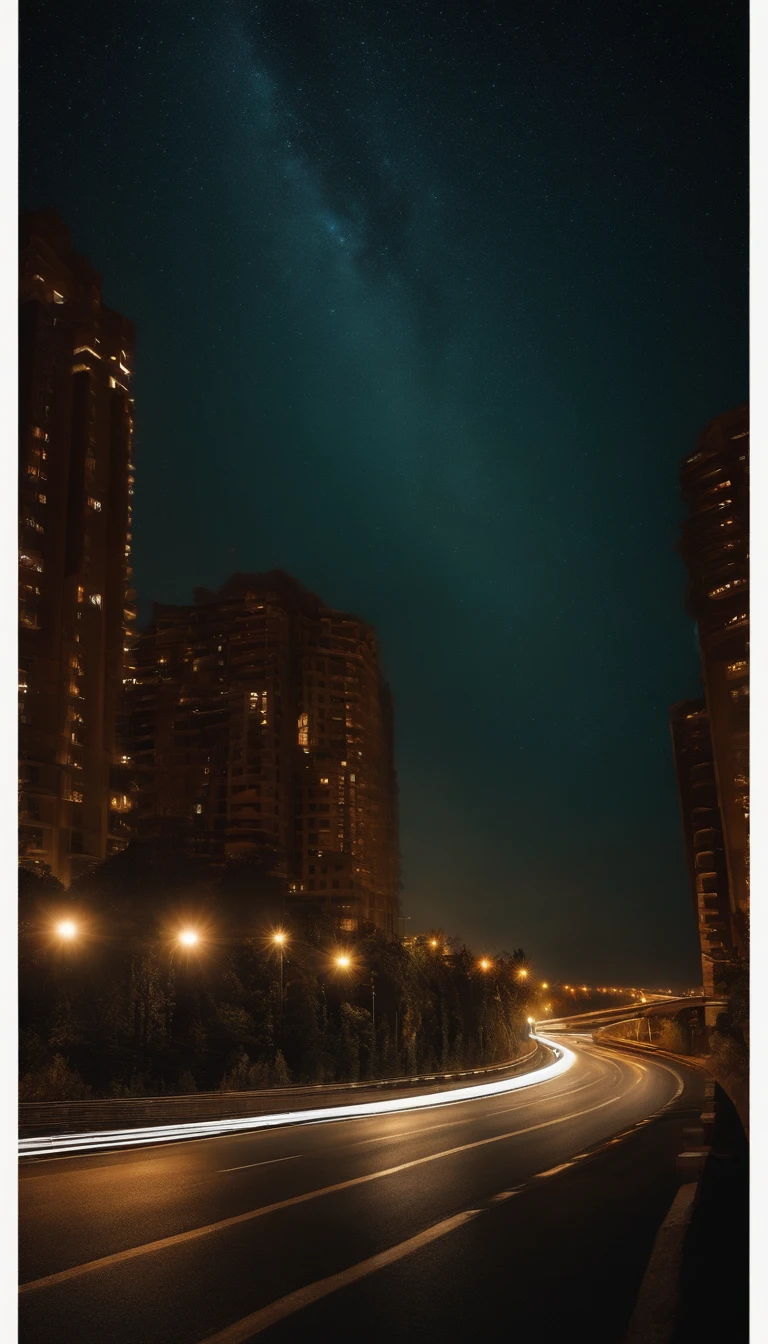 a long road, along lampposts, with dim light. on the road a few cars with headlights are moving on the road, in the dark night with stars in the night sky, next to tall buildings with 8k lights, high quality, photo