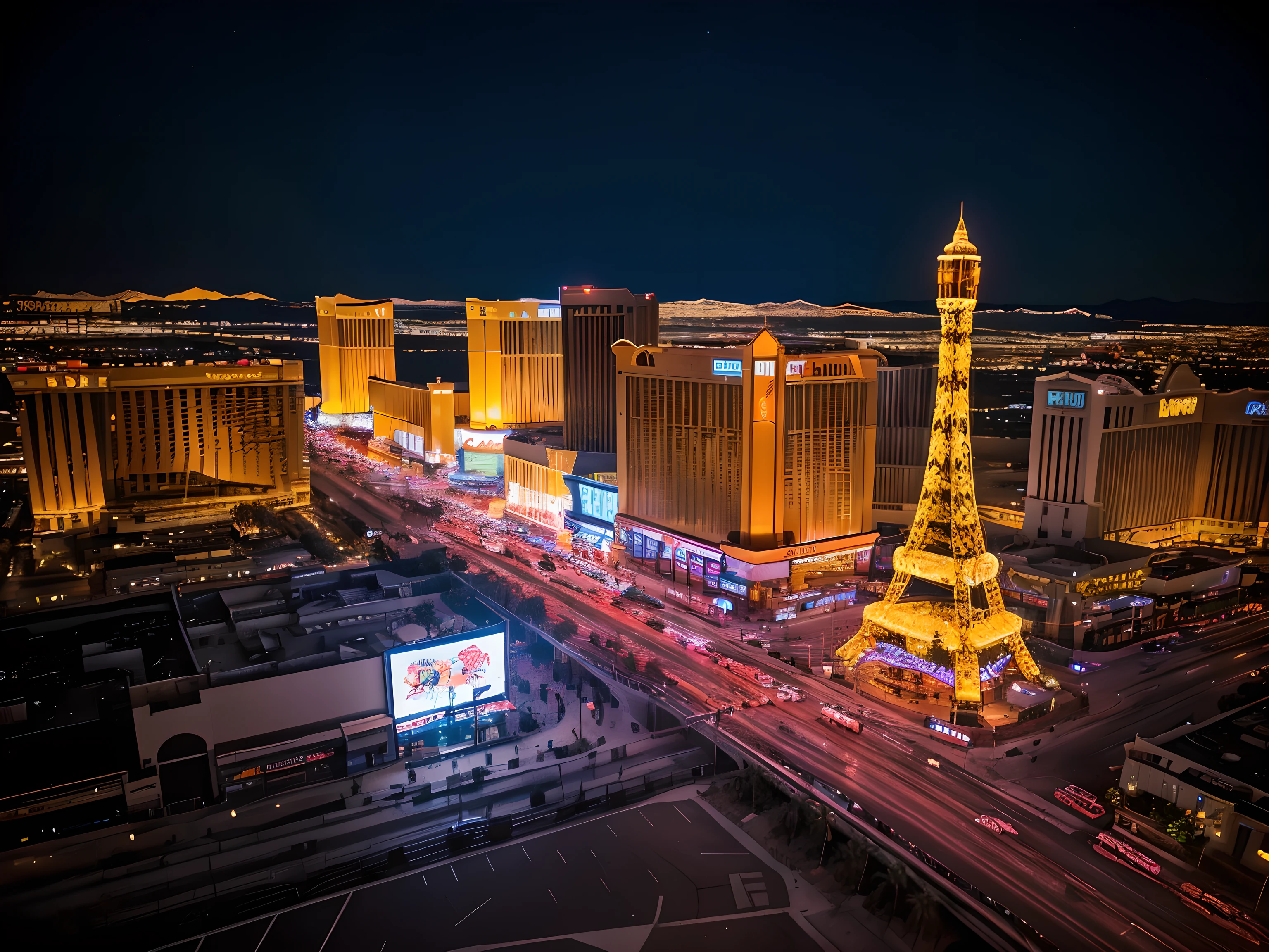 City night scene，Ferris wheel in the foreground, well lit night in Las Vegas, Las Vegas at night, Las Vegas strip, Las Vegas, in Las Vegas, Beautiful high resolution, Aerial photography, at night, Lit from above, Night scenery, Lights at night, author：Josh Bayer, Neon glitters at night