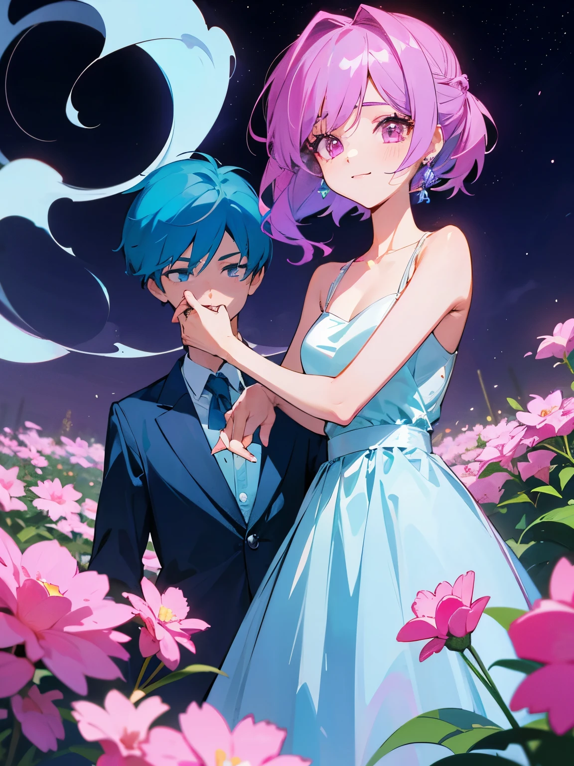 cartoon of a boy and a girl standing close together, ddlc, in the art style of 8 0 s anime, 9 0 s anime style, 90s anime style, in anime style, in an anime style, anime aesthetic, anime vibes, 9 0 s anime aesthetic, 9 0 s anime art style, lofi boy and girl, beautiful background outside, background at night with stars and a moon, fairy lights, beautiful background in a floral garden with fairy lights at night, a cute boy and a cute girl, beautiful faces, a boy and a girl, don't extra hands, NO extra hands, generate a boy and a girl with NO extra hands, NO extra arm, the boy has a short hairstyle and the girl has a long hairstyle, the boy has blue hair, the girl has pink hair, pretty faces, cute pretty boy in a smoking dress, cute pretty girl in a beautiful dress, with amazing smile, boy has a pretty smile, girl has a cute smile 