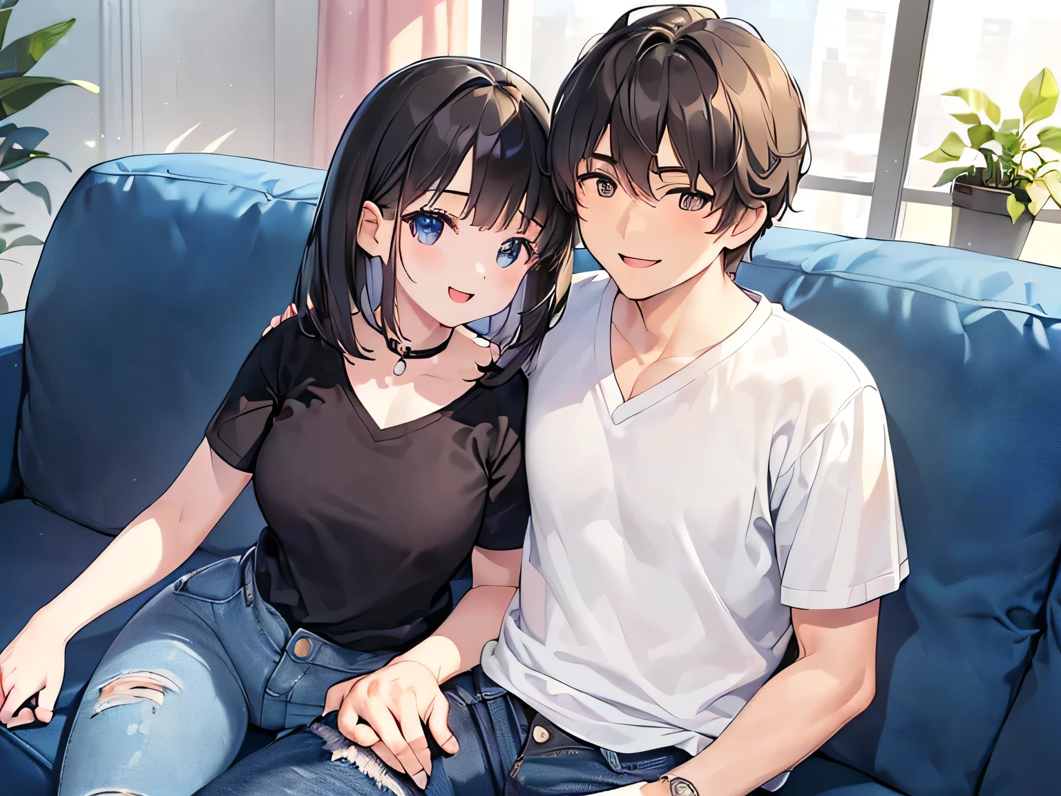 (masterpiece、highest quality、High resolution、Realistic photo、Real looking skin:1.1)、
(A happy couple is sitting on the sofa in the living room of an apartment:1.5)、
(A happy, smiling face:1.5)、
(The woman is 18 years old、She is wearing a V-neck short-sleeved knit, a mini skirt and black knee-high socks.、It's short black hair:1.7)、
(The man is 34 years old, so he looks a little old.、He is wearing a shirt and denim pants:1.7)、
(The location was the sofa in the living room of an apartment.:1.5)、
Full Body Esbian、Beautiful Eyes、Shining Eyes、Shining thighs、NSFW
