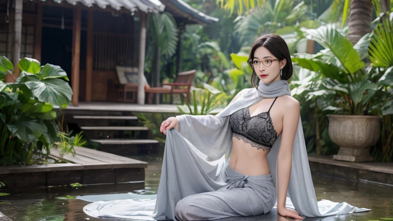 full body photo shot. top Quority,Ultra-clear resolution, Korean 18 years old. korean face mix russian. sweet face, pretty face. voluptuous figure, Thin, slender. skinny, Chest reduction, Clear eyes, innocent face, is a perfect face, White skin, Perfect chest, Horne, seducting look, lustfull e,The ends of the hijab are in front of the chest ((Wearing long grey pashmina hijab, wearing a glasses. wearing black Traditional batik kebaya. unbuttoned loose openend clothes, no bra, no underwear, showing breasts and n short transsarong skirt)), leaning in the mat. open leg, showing vagina. While washing clothok at viewer, wet clothes, cloudy sky, raining, clear face, clean face, Riverside. Background indonesia homes village and tropical forest. full body photo shot, full background photo shot. full body photo shot.