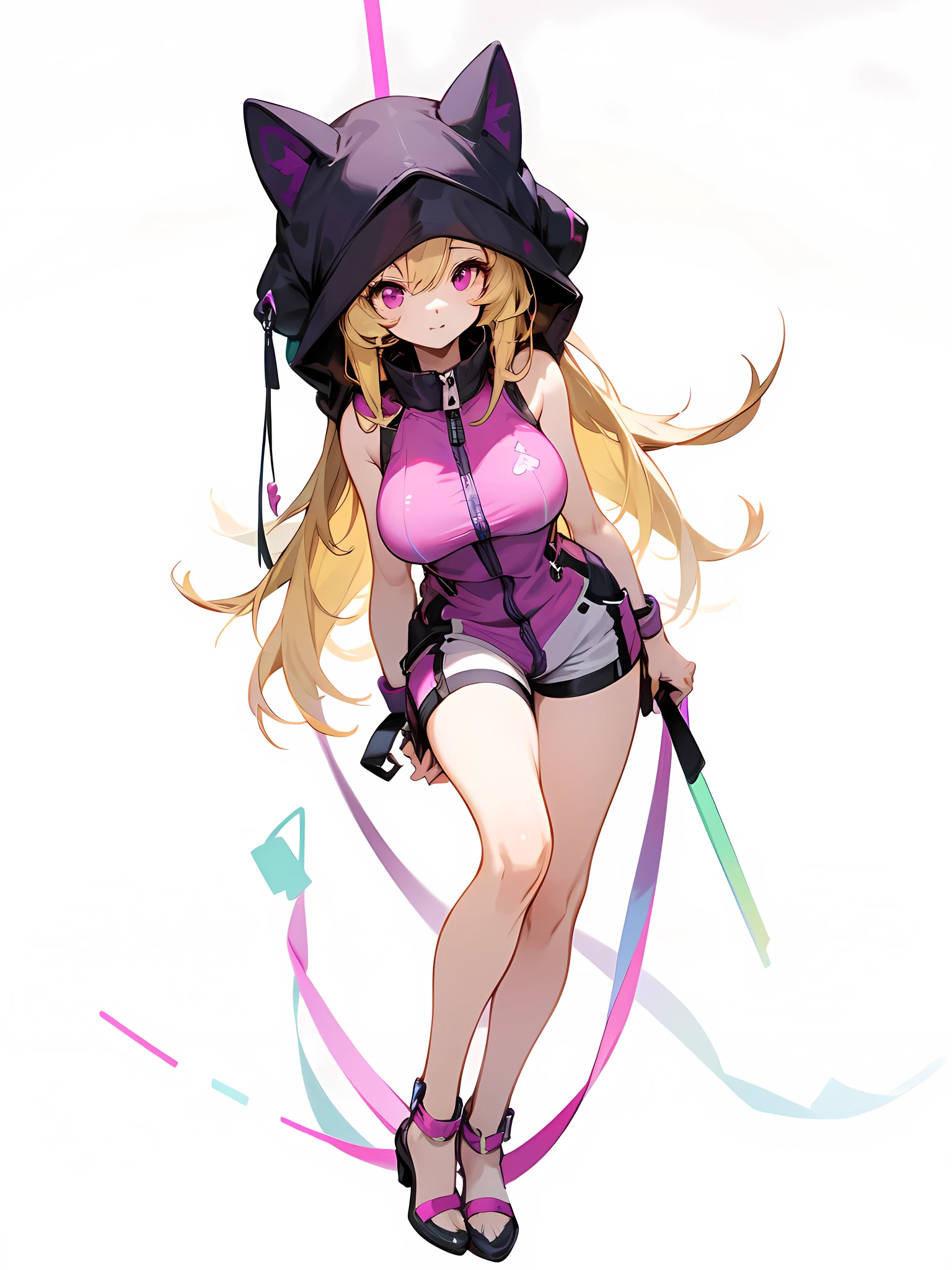 White background, a girl, blonde, long hair, purple sleeveless top, pink eyes, comically large zipper, dog ears, centered subject, full body shot, 90% potrait 10% background