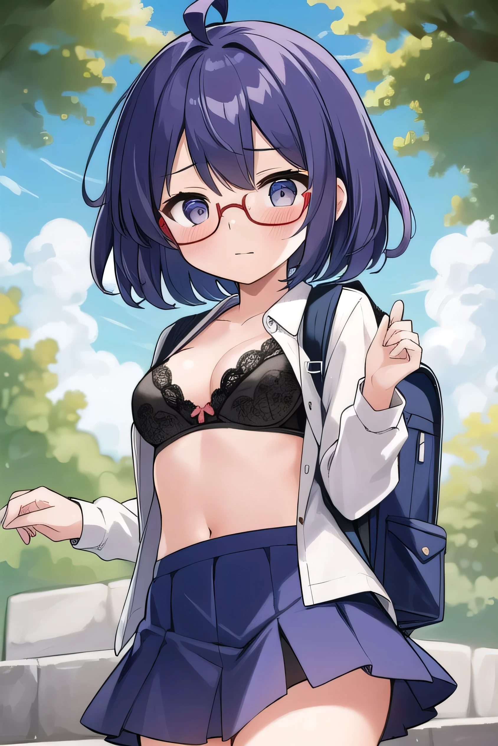 Purple hair, gray eyes, white , navy blue miniskirt, , short, short long hair, kind expression, shy, backpack, almost no breasts, slightly exposed. hair,(flipped hair ), flipped hair, long sleeves, ahoge, girl alone, flipped hair, flipped hair, flipped hair, flipped hair, glasses with no edges, embarrassed, her bra is visible