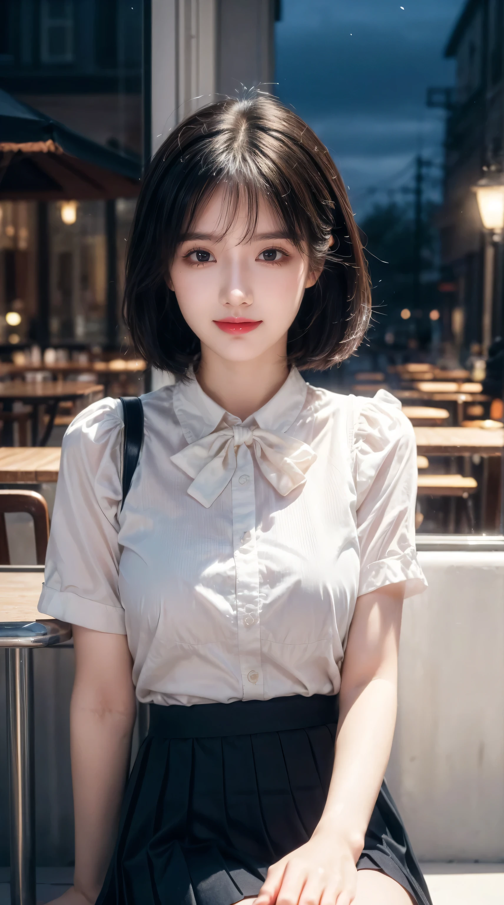 (8k, best quality, masterpiece:1.2), (SFW:1.3), (Practical, photo-Practical:1.37), Super detailed, 1 girl,Lovely, Solitary,Beautiful and detailed sky,Detail of cafe,night,sitting,Dating,(nose blushing),(Smile:1.1),(Shut up) Medium breasts,Beautiful and delicate eyes,(Collared shirt:1.1), bow tie,Pleated Skirt,(short hair:1.2),Flowing hair