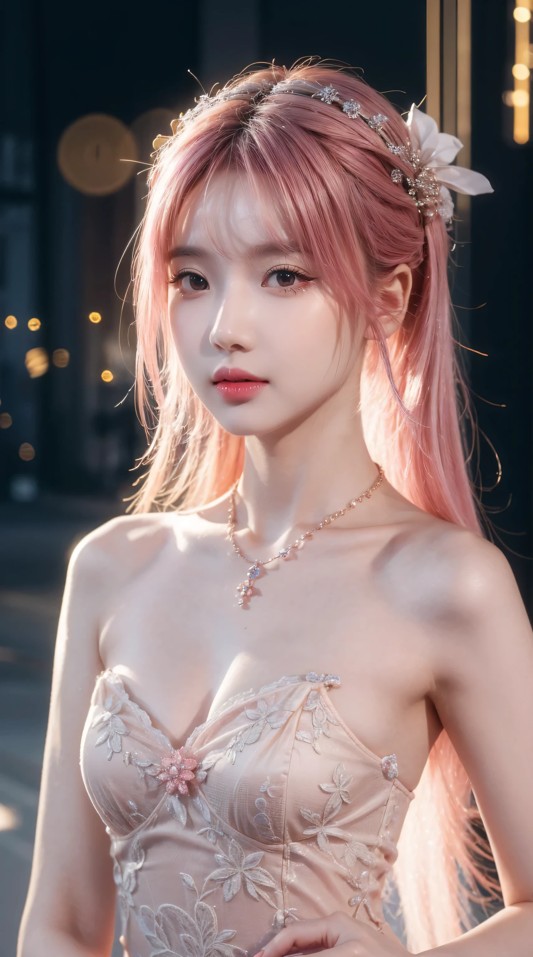 best quality, masterpiece, high resolution, 1 Girl,cheongsam,Hair accessories,necklace, jewelry,Pretty Face,Above_Body, Tyndall effect,Reality, Dark Studio, Edge lighting, Two-tone lighting,(Highly detailed skin:1.2), 8K Ultra HD, DSLR camera, soft light, high quality, Volumetric Lighting, frank, photo, high resolution, 4K, 8k, Bokeh, Pink Hair, nude,