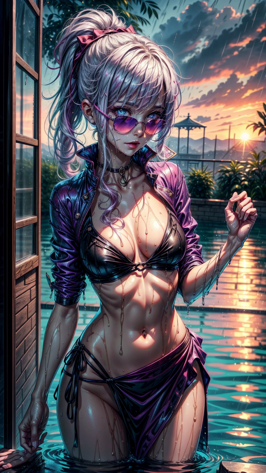 (Best quality, 4k, masterpiece :1.3), Beautiful woman, hyperrealistic, 1 girl, ((Turned, looking at the sunset)), (sagging breasts, attractive body :1.2), присеyesния :1.1, hair: 1.1, (wet rainy, wet from the rain, wet body :1.2), ultra detailed face, detailed lips, detailed eyes, Double eyelid, sensual plunging dress, open neckline, Hanging breasts, side pose, visible curves, вечеринка By the pool, By the pool, red transparent robe, Sunglasses, muscular chiseled leghigh quality, masterpiece, 2 girls, handshake, standing, IncrsShakingHands, yes, Miko, pink eyes, long hair, pink hair, animal ears,