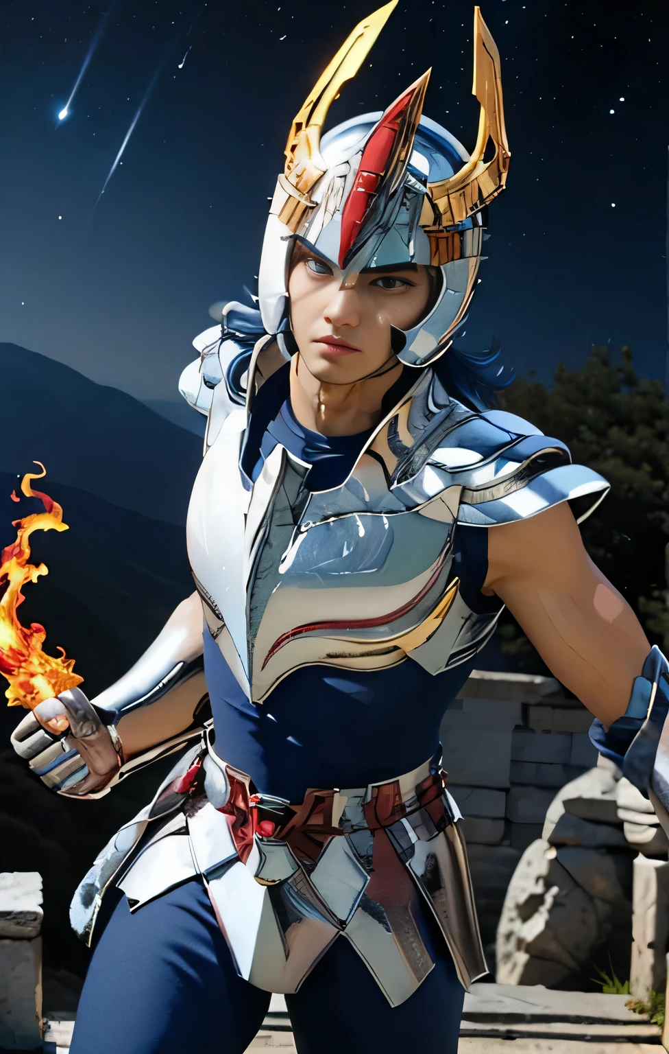 masterpiece, best quality, Ultra-high resolution, Realistic skin texture, armor, (Reality: 1.8), high resolution, original photo, 1 boy, Glowing skin, (Skin details: 1.2), Realistic skin texture, Better lighting, brightness, Dramatic Lighting, Attack posture, (Greek temple background: 1.2), (Night Sky: 1.1), universe, Milky Way, Phoenix_two, (helmet: 1.2), Tanned skin, Blue Hair, (Silver Breastplate:  1.4), (helmet), Blue shirt, fire, Serious face, Serious face,