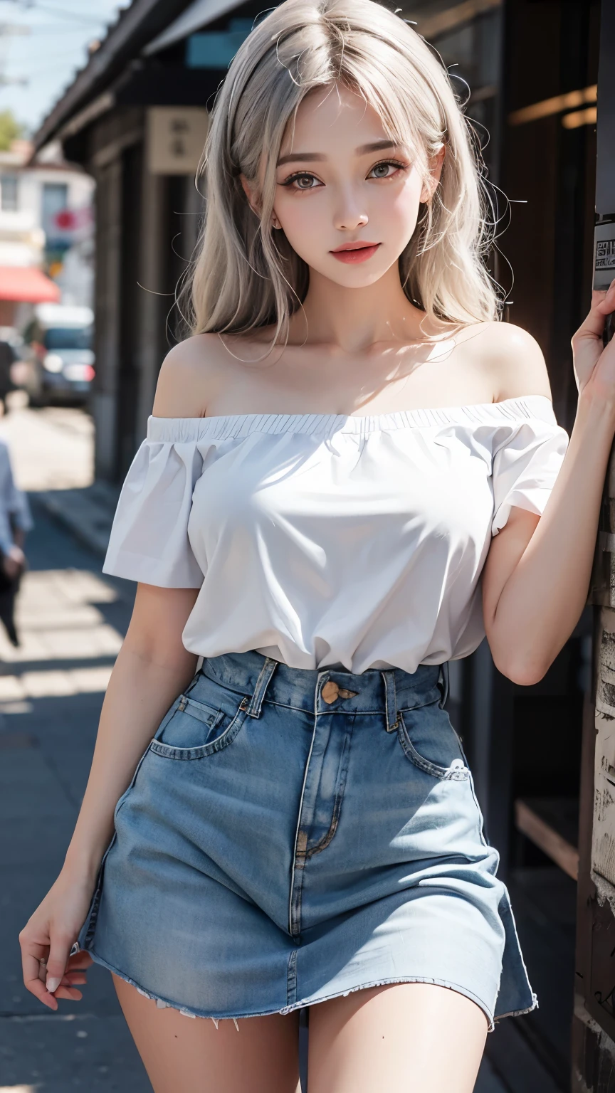 ((highest quality, 8k, Best image quality, Ultra-high resolution)), beauty, 18-year-old, alone, ((big: 1.6)), Nipples, Baby Face, Round face, A kind smile, White teeth, Ultra-high definition and beautiful skin, Fair skin, Silver Hair, Shortcuts, blue sky, Very detailed and beautiful face, Off-the-shoulder T-shirt、Tulle miniskirt,(head shot:1.5)